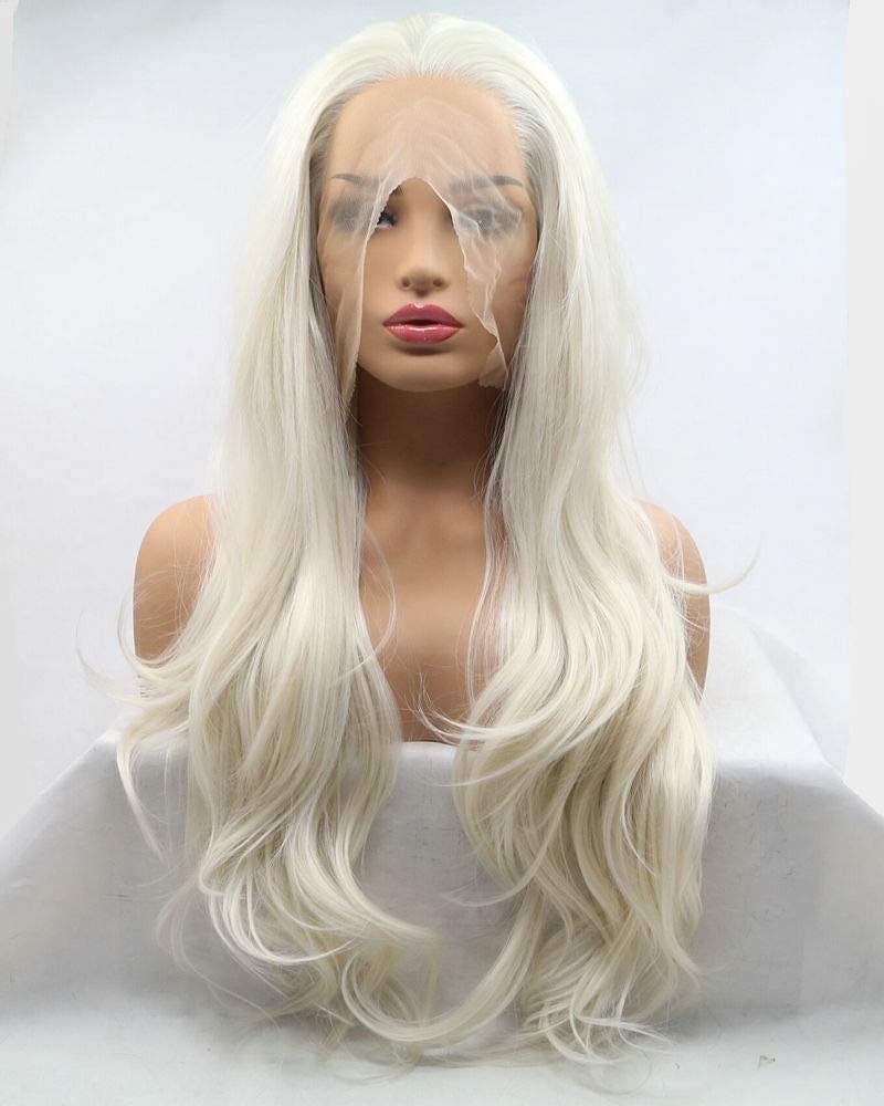 xiweiya Long 60# Platinum Blonde Wavy Lace Front Wig White Blonde Natural Wave Synthetic Lace Front Wig Heat Resistant Fiber 180% Density White Queen Hair for Women Drag Queen 24inch