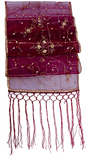 Gulshan Sequin Sheer Silk Organza Stole Shawl Scarf Wrap Table Runner Fringe Burgundy Red Gold