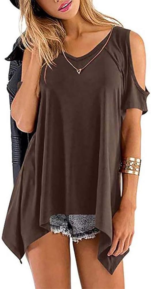 Aniywn Women Short Sleeve T-Shirt Ladies Cold Shoulder Irregular Hem Tops Summer Flowy Solid Tunic Blouse