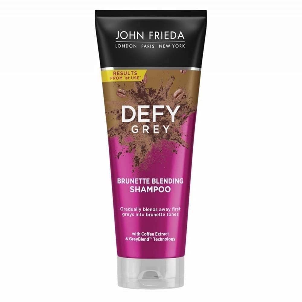 John Frieda Defy Grey Brunette Blending Shampoo 250 Ml, Disguise and Hide Grey Hair, Colour-Depositing Shampoo Brown Hair, Grey Hair Coverage