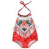Newborn Baby Girls Ethnic Flower Printing Tassels Backless Halter Romper Sunsuit (12-18months, Red)