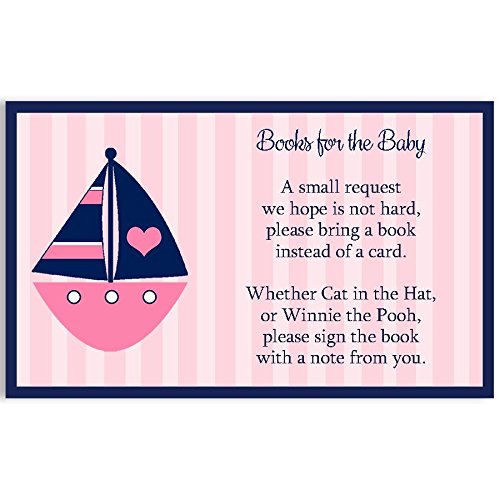 Nautical Baby Shower Book Request Inserts, Girl, Anchors Away, Sailboat, Ship, Stripes, Navy Blue, Pink, Anchor, Sprinkle, It’s a Girl, Set of 25 Printed Bring A Book Cards, Anchors Away Whale