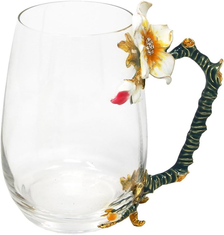 370ML Coffee Mug Cup, Glass Mugs, Unique Flower Enamel Handle, Perfect Gift with Package