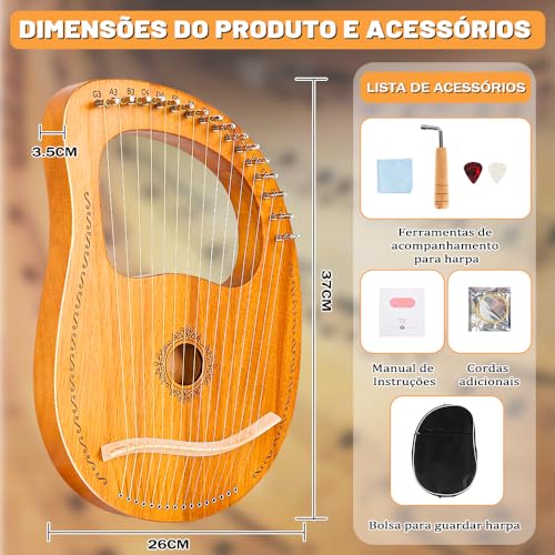 Harpa de Lira 16 Cordas com Chave de Afinação de Bolsa, Harpa de Lira de Madeira de Mogno, Mini Instrumento de Harpa