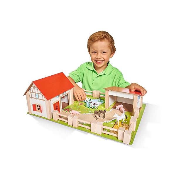 Eichhorn 100004308 - Bauernhof mit 2 Gebäuden, Spielplatte, Figuren, Tieren, Zäunen; 25-tlg, 36x51cm, Buchenholz – Bild 3