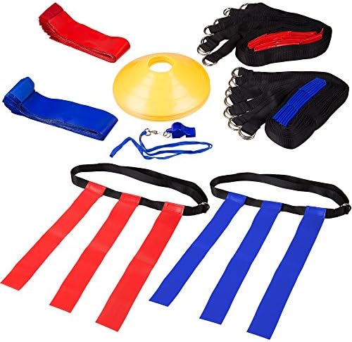 14 Player Flag Football Set | Premium 69 Piece Flag Football Kit Includes: 14 Belts, 3 Flags Per Belt (21 Red & 21 Blue), 12 Field Cones, 1 Whistle, & 1 Mesh Carrying Bag