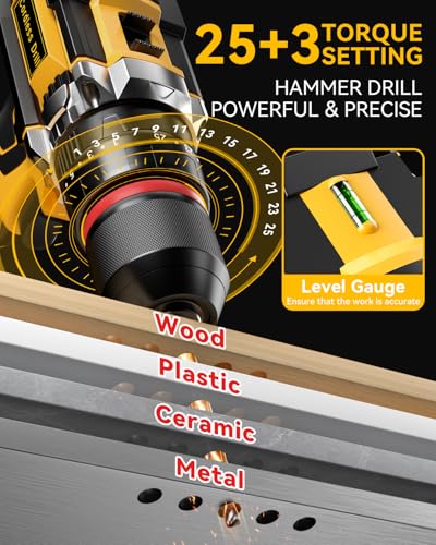 Cordless Hammer Drill Set, 21V Impact Drill Driver and Screwdriver Set with 2 Batteries, 25+3, 10mm Heave Duty DrillChuck, 2 Speed Power Combi Battery Drill Set with 87 Accessories for Home DIY Gift