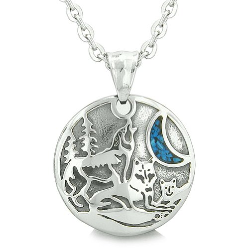 Unity Amulet Howling Wolf Family Wild Moon Simulated Turquoise Chips Pendant 22 Inch Necklace