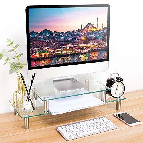 5Rcom 2 or 1 Tier Computer Monitor Stand Clear Tempered Glass Laptop Riser,Multi Desktop Shelf Organizers with Height Adjustable Legs for Flat Screen LCD LED TV, Laptop