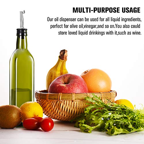 PrettyCare Olive Oil and Vinegar Dispenser Bottles 17oz (Dark Cruet with Extra Lids, Labels and Funnel) 500ml Drip-Free Bottle with Stainless Steel Spout, Flip Top Pourer Set (Dark Green)
