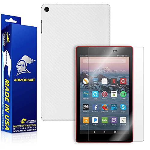 ArmorSuit - All New Fire HD 8 (7th Gen - 2017 Release) Screen Protector MilitaryShield + White Carbon Fiber Skin Back Protector MilitaryShield w/ Lifetime Replacements