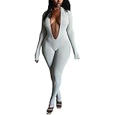 YOUFE Womens Sexy Backless Jumpsuit Deep V Neck Solid Color Long Sleeve Jumpsuit Stretchy Bodycon One Piece Outfit Clubwear
