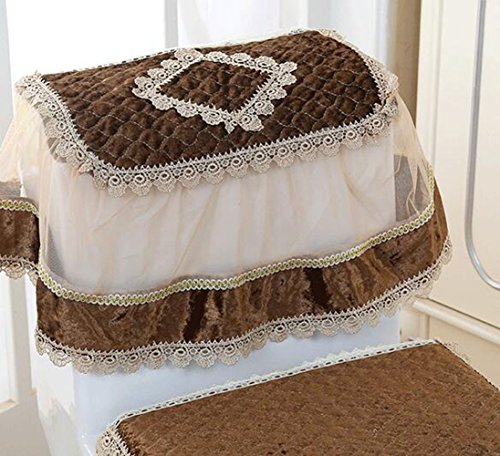 HOMESUPPLIES European Style Plush Bathroom Toilet Decor 3-Piece Tank Cover, Toilet Seat Cover Set Zippered Toilet Seat Cover Set (Coffee)