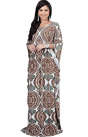 KOH KOH Womens Long Kaftan Boho Print Jersey Flowy Casual Abaya Gown Maxi Dress