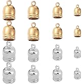 SUNNYCLUE 1 Box 48Pcs 8 Styles Barrel End Caps Metal Cord Ends Tassel Caps Gold Silver Leather Cord End Caps Brass Leather Ends Caps Glue in Barrel End Caps for Jewelry Making DIY Bracelet Necklace