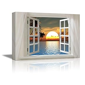 Glimpse into Palm Trees and Sunset at Sunset Time Out of Open Window Canvas Wall Art Stretched Canvas Prints | Giclee Printing Ready to Hang - 24" x 36"
