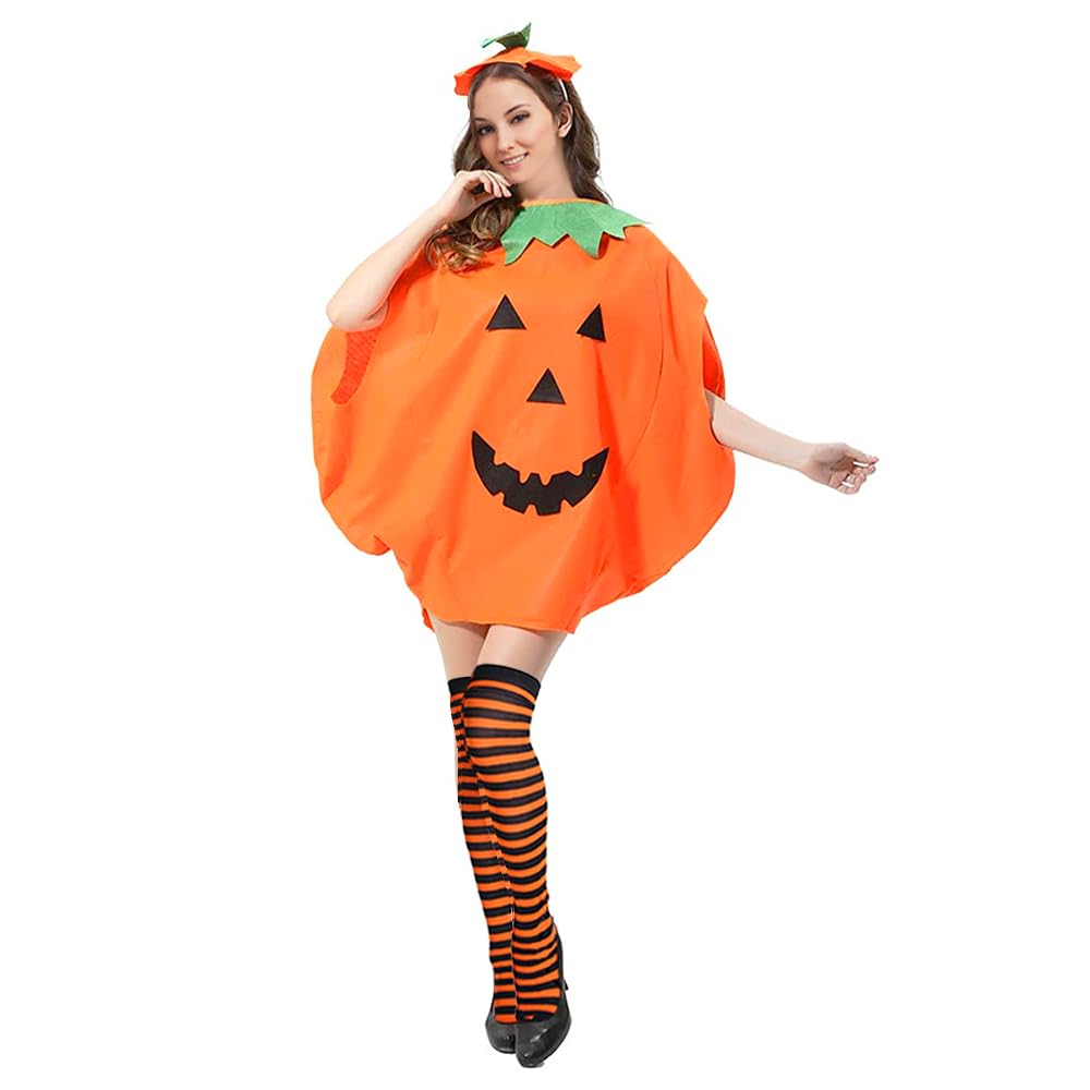 Fancy Daily Halloween Costumes for Women Pumpkin Ladies Costumes Adult Funny Dress with Hat and Thigh High Stockings for Women Halloween Cosplay Outfits