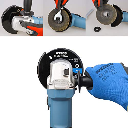 WESCO 750W Angle Grinder Tool, 11000RPM 115mm Angle Grinders with Auxiliary Handle, Spanner, Safety Guard for Grinding, Cutting, 3 Metal Grinding Wheels/WS4751.2