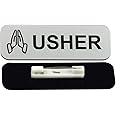 Usher 1 x 3" Name Tag/Badge, Silver, Praying Hands (3 Pack)