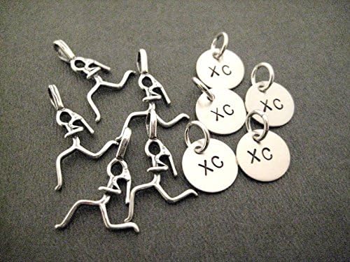 5 Pack Set - 5 Sets of Sterling Silver RUNNING GIRL XC Charm Set - 1 Sterling Silver Running Girl Charm Plus 1 Sterling Silver XC Charm in Each Set - Each Set in Organza Bag