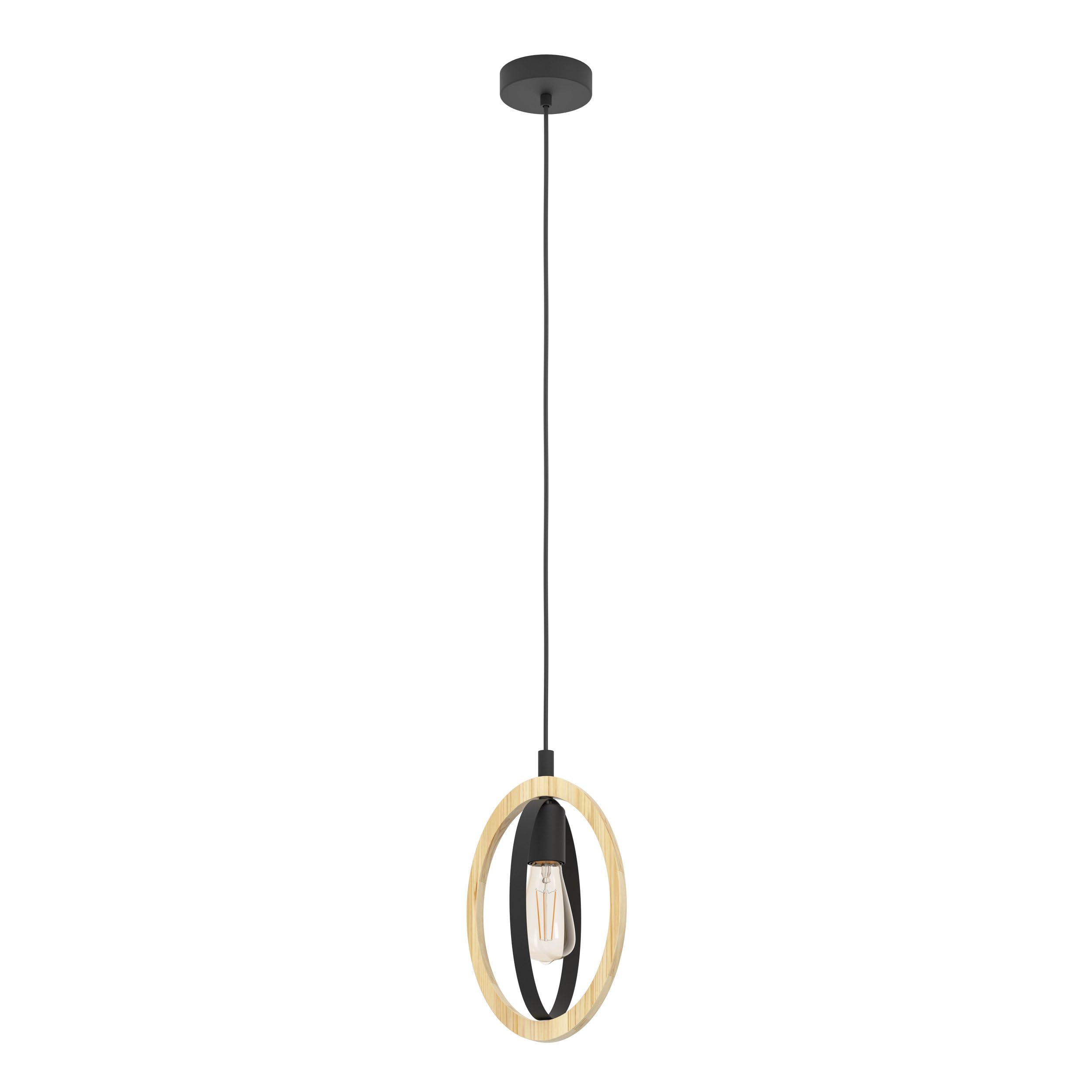 Eglo Pendant lamp Basildon, 1-Light Hanging lamp Vintage, Industrial, Retro, Pendant lamp Made of Steel and Wood in Black, Natural, Dining Table lamp, Hanging Living Room lamp with E27 Socket