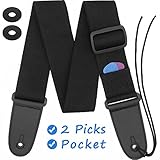 Guitar Strap Acoustic Guitar Strap Bass Strap Classical Design with Pick Pocket, 2 Pcs of Guitar Picks, Leather Ends, Tie or Acoustic Guitars -Black
