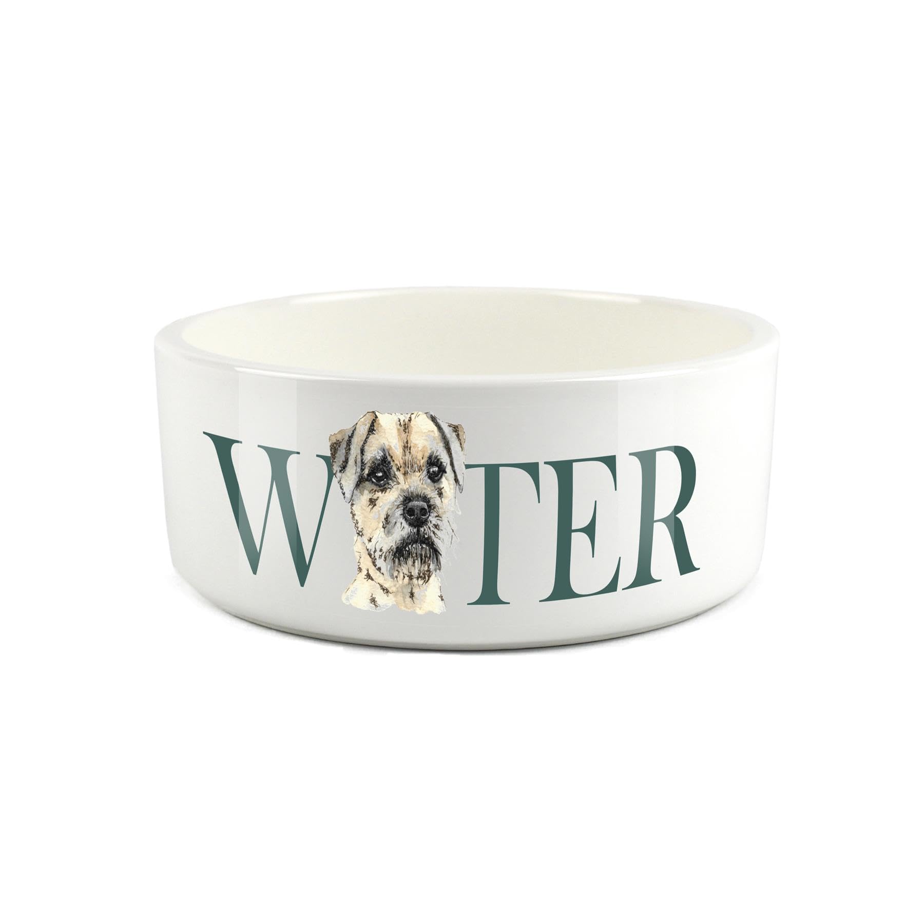 Border Terrier Pet Bowl - Large Ceramic Terrier White Water Dish For Dogs