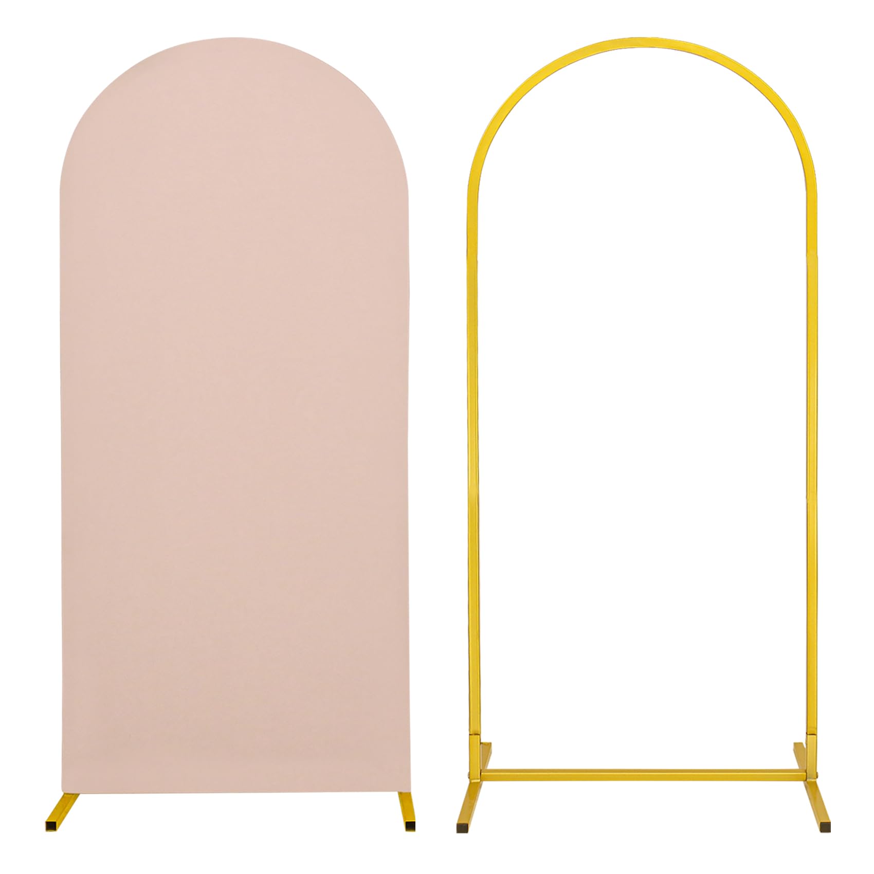 Photo 1 of Metal Arch Stand and Cover Set,1 Nude Spandex Fitted Backdrop with 1 Gold Wedding Arched Stand Frame for Parties Birthday Baby Shower Bridal Banquet Decoration (6FT)