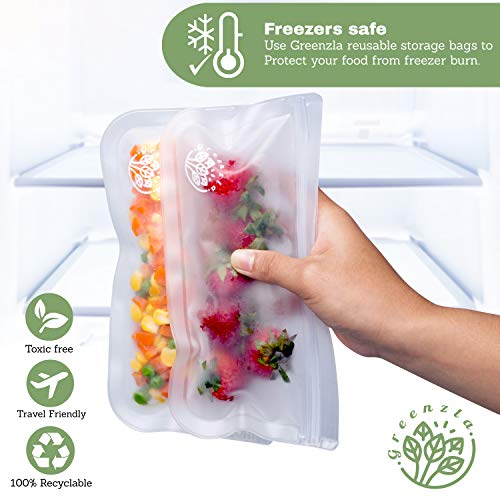 Greenzla Reusable Storage Bags (7-Pack) -FDA Grade PEVA Reusable Ziplock Lunch Bags - EXTRA THICK Freezer Safe Sandwich Bags For Food and Kitchen Organization - BPA FREE Snack Bags - 5 Large & 2 Small