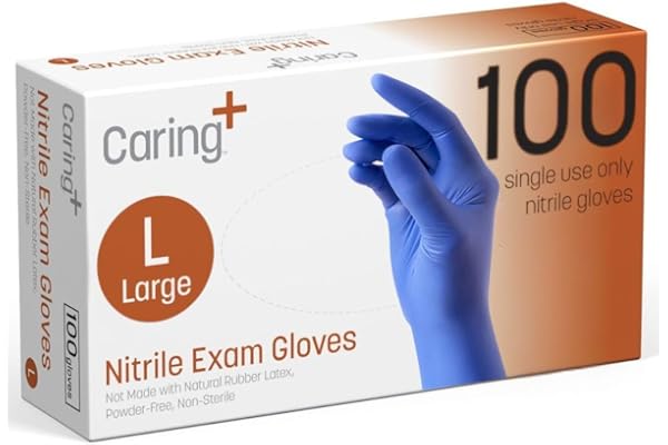 Caring Nitrile Exam Gloves, Blue, Powder-Free, Disposable Gloves for Medical Care, First Aid, Cleaning, Food Prep