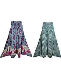 Mogul Interior Womens Divided Skirts Printed Vintage Silk Smocked Waist Long Skirt