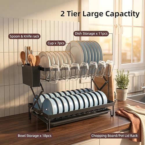 Beauenty 2 Tier Dish Drying Rack, With Drip Tray And Folding Design, Large Capacity Kitchen Dish Drainer For Small Kitchens, 42cm(Black)