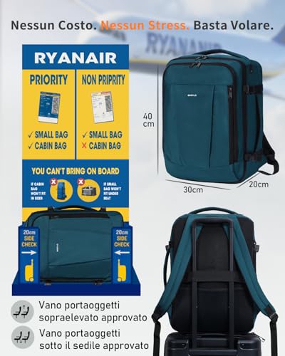 ECOHUB Ryanair Travel Backpack 40 x 30 x 20 cm, 13 Pockets Hand Luggage Under the Seat Handle Eco Friendly Airplane Bag in Recycled PET 24 Litres, Patented (Blue Green)