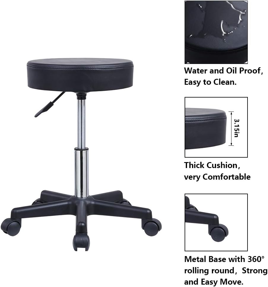 KKTONER Round Rolling Stool PU Leather Height Adjustable Swivel Drafting Work SPA Medical Salon Stools Chair with Wheels Black: Kitchen & Dining