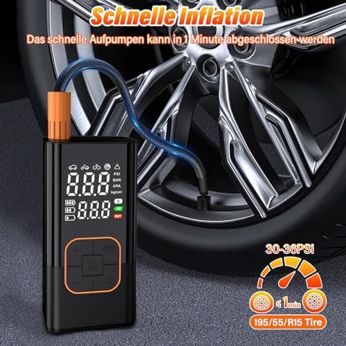 Tragbarer Reifenfüller – Kabellose Digitale Luftpumpe, Voreingestelltem Reifendruck, Auto-Stopp und LED Licht für Auto Motorrad Fahrrad Ball Reisen & Notfälle