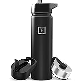 IRON °FLASK Camping & Hiking Hydration Flask with 3 Lids - Stainless Steel, Double Walled & Vacuum Insulated Water Bottle - Leak Proof & BPA Free (Midnight Black, Straw - 22 oz)