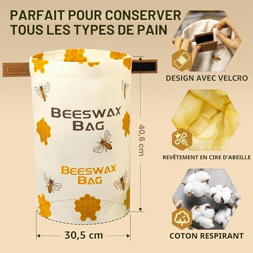 Reusable Beeswax Bread Bags 43cm x 33cm, Natural Beeswax Coated Cotton Storage Bags for Homemade Bread and Pastry with Buckle Closure (1PCS)