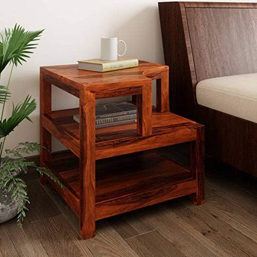 VK Furniture Sheesham Wood Bedside Table for Bedroom | Wooden Side End Table | with Shelf Storage | Teak Brown Finish