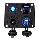 YonHan 4 in 1 Charger Socket Panel, Dual USB Socket Charger 2.1A + Blue LED Voltmeter + 12V Power Outlet + ON-OFF Toggle Switch, Four Functions panel for Car Boat Marine RV Truck Camper Vehicles