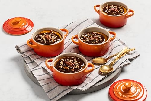 Le Creuset Stoneware Set of 4 Mini Cocottes with Cookbook, 8 oz. each, Flame