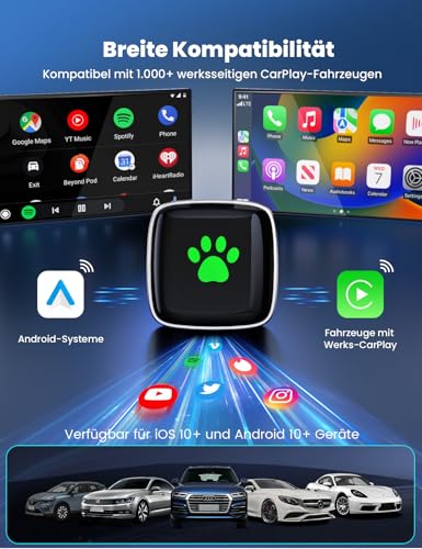 Wireless CarPlay Adapter for Apple 2026 Upgrade, Wired to Wireless CarPlay, USB & Type-C Dual Port, Plug & Play, Mini & Stable, Compatible with iPhone iOS 10+/Android Car, Over 1K+ Car Models from 2016