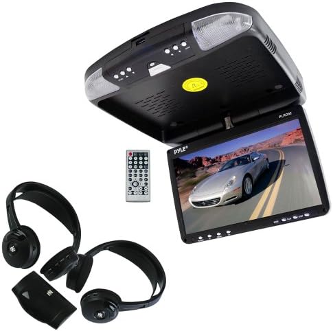 Vehicle Monitor Receiver and Dual Headphones Package - PLRD92 9'' Flip Down Roof Mount Monitor &amp; DVD player with Wireless FM Modulator/ IR Transmitter - PLVWH6 Dual Wireless IR Mobile Video Stereo Headphones w/Transmitter (Pair) for Car, Van, Truck, Bus, Mobile etc.