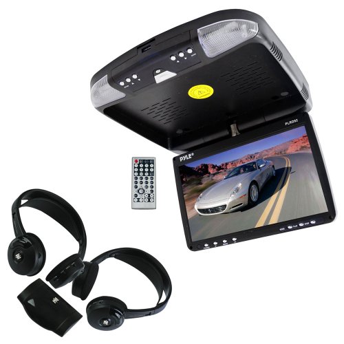 Vehicle Monitor Receiver and Dual Headphones Package - PLRD92 9'' Flip Down Roof Mount Monitor &amp; DVD player with Wireless FM Modulator/ IR Transmitter - PLVWH6 Dual Wireless IR Mobile Video Stereo Headphones w/Transmitter (Pair) for Car, Van, Truck, Bus, Mobile etc.