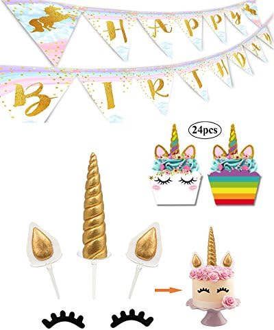 Unicorn Cake and Cupcake Topper With Magical Birthday Banner Set Premium Quality Party Supplies Super Cute Colorful