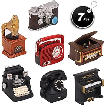 X Hot Popcorn Set of 7 Creative Retro European Resin Figurin for Home Cafe Bar Window Decoration Children Toys and Gift (Incluing Telephones Typewriter Camera Piano Phonograph Radio and Sound Player)