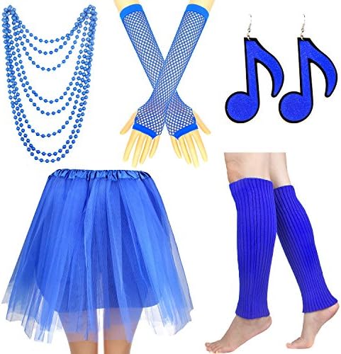 Women's 80s Fancy Outfit Costume Accessories Set Adult Tutu Skirt Long Socks Fishnet Gloves Neon Earrings Beads