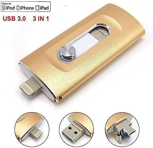 morePower2You iPhone USB 3.0 Flash Drive Memory Stick External Storage OTG iOS Lightning Pen Drive for iPhone 5 6 7 Plus, iPad, Android Cell Phone and PC -Gold (32GB)