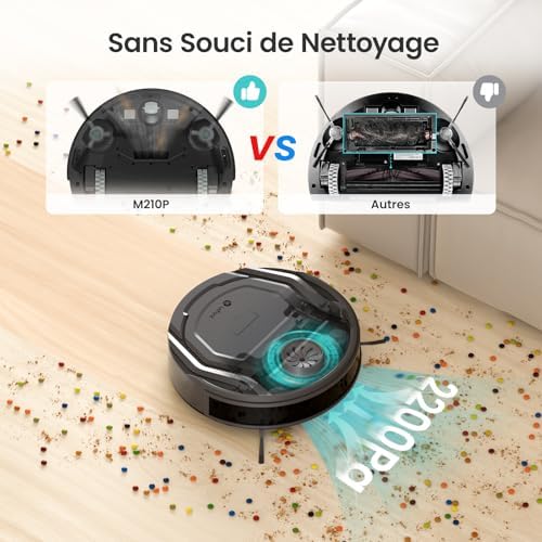 Aspirateur Robot, Robot Aspirateur Mince Silencieux Connecté avec WiFi/Bluetooth/Alexa/App, 6 Modes de Nettoyage, Auto-Charge, 120min d'Autonomie, Idéal pour Poils d'animaux Sols Durs, M210P