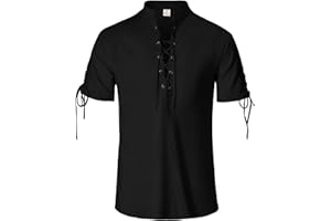 IWQBQ Mens Renaissance Shirt Pirate Medieval Viking Steampunk Top Lace Up V Neck Linen Short Sleeve Halloween Costume