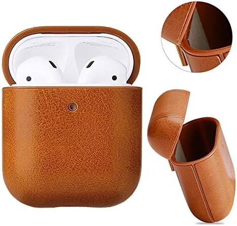 Leather Case Compatible for Apple Airpods 1st and 2nd Generation, Airpods Protective Case Cover with Strap, Genunie Leather Cover Skin with Keychain (Light Brown)